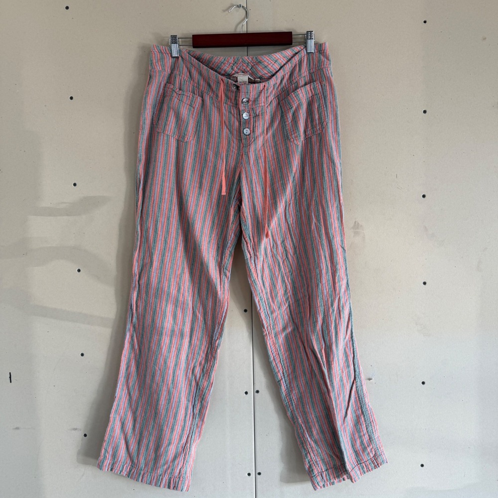 Sundance Women L Cotton Striped Pants Coral Green Blue Button Fly Drawstring